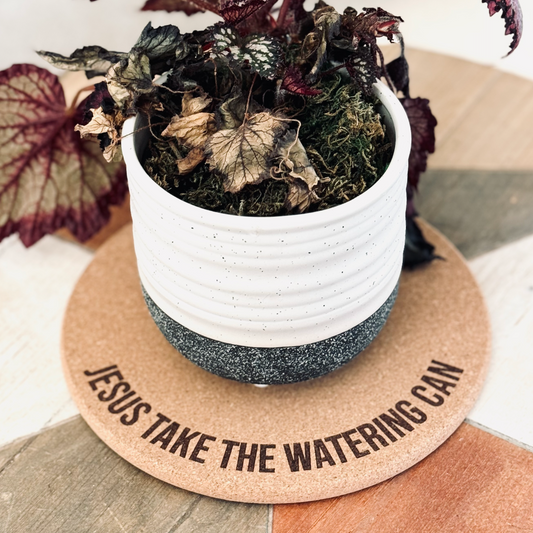 JESUS TAKE THE WATERING CAN // Funny Cork Plant Mat – Millennial & Gen Z Humor | Surface Protector | Personalized Option
