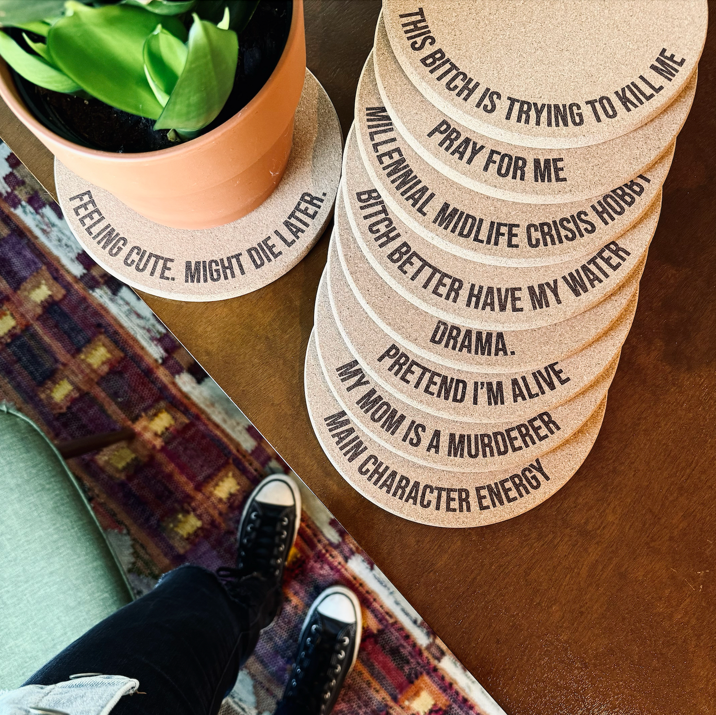 MAIN CHARACTER ENERGY // Funny Cork Plant Mat – Millennial & Gen Z Humor | Surface Protector | Houseplant Accessory