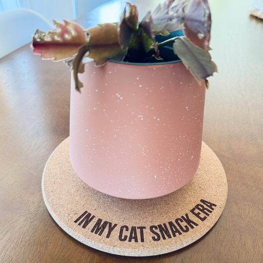 IN MY CAT SNACK ERA // Funny Cork Plant Mat – Millennial & Gen Z Humor | Surface Protector | Houseplant Accessory