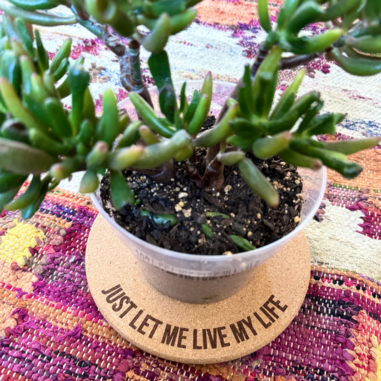 JUST LET ME LIVE MY LIFE // Funny Cork Plant Mat – Millennial & Gen Z Humor | Surface Protector | Houseplant Accessory