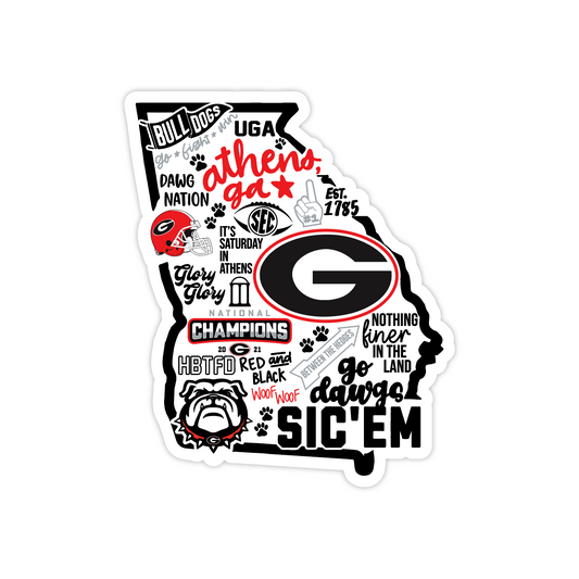 UGA Bulldogs Georgia State Outline Sticker | Collage of UGA Football Icons | Georgia Bulldogs Fan Decal, Durable & Waterproof