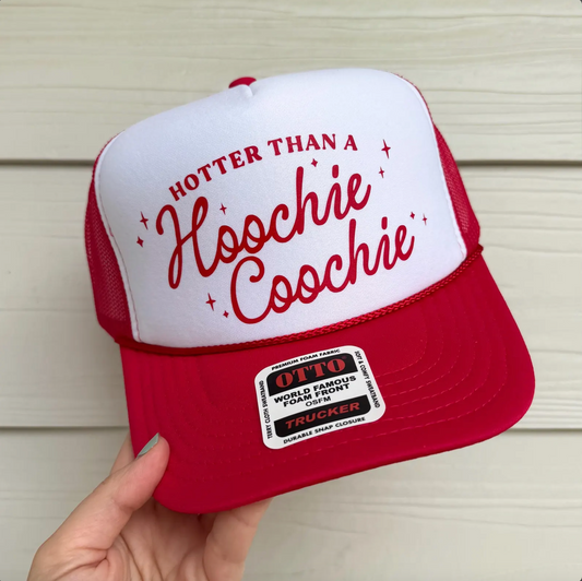 Hotter Than a Hoochie Coochie Trucker Hat – Funny 90s Country Music Hat, Retro Southern Snapback, Flirty Cowgirl Hat, Summer Concert Hat